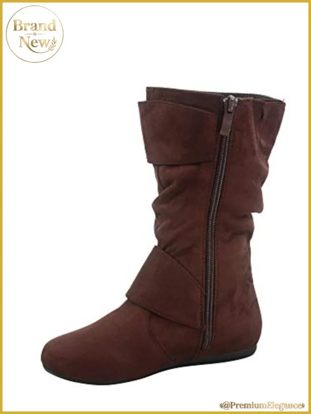 Girls Faux Suede Two Buckle Zipper Flat Heel Mid Calf Slouchy Boots
